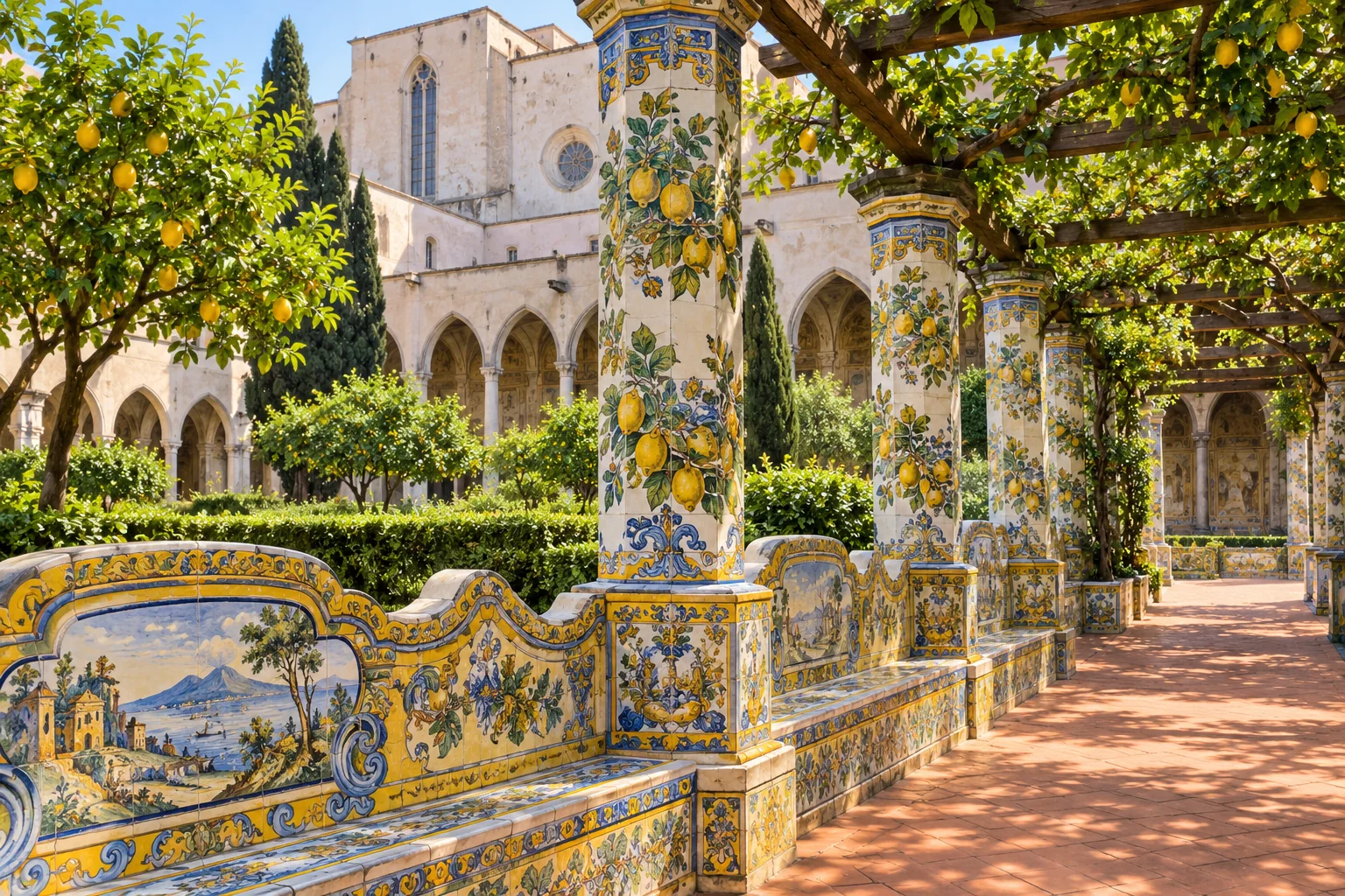 Editorial illustration of a majolica-tiled Neapolitan cloister